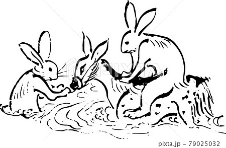 鳥獣戯画 鹿に乗って川を渡るうさぎたちのイラスト素材