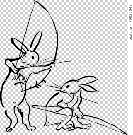 鳥獣戯画：弓の使い方を確認するうさぎたちのイラスト素材 [79025048