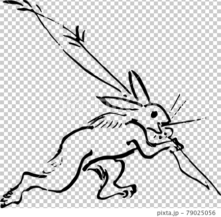 鳥獣戯画 長い草を持って走るうさぎのイラスト素材