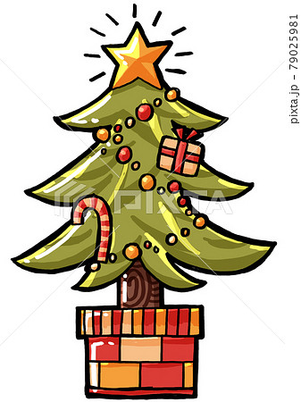 星や飴の飾りがついたクリスマスツリーのイラスト素材