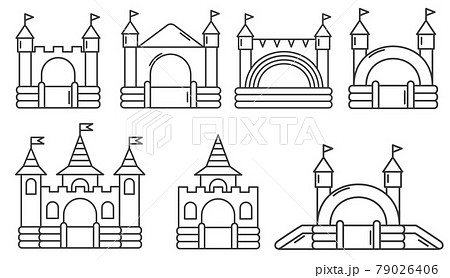 Set of bouncy inflatable castle. Tower and equipment for child playground. Vector outline illustration isolated on white background. 79026406
