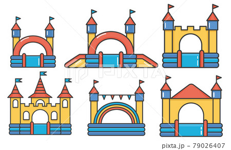 Set of inflatable bouncy castles and children hills on playground. Childhood activity in the park. Flat style illustration isolated on white background. 79026407