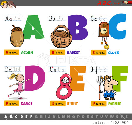 educational cartoon alphabet letters for children from A to F educational cartoon alphabet letters for children from A to F 79029904