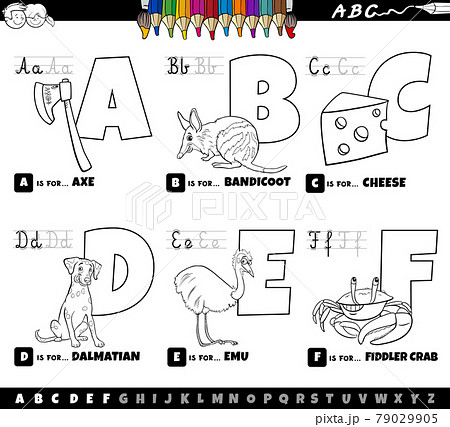 cartoon alphabet letters set from A to F coloring book page 79029905
