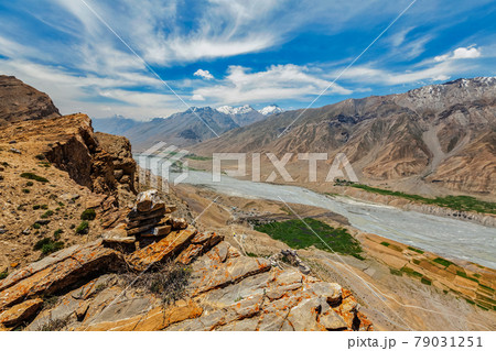 View of Spiti valley and Spiti river in Himalayas. View of Spiti valley and Spiti river in Himalayas. 79031251