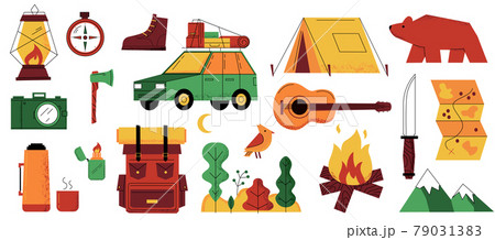 Camp. Adventure tourism and hiking cartoon elements. Tools for camping. Automobile or map. Outdoor recreation in mountains. Backpack and campfire or guitar. Vector tourist equipment set Camp. Adventure tourism and hiking cartoon elements. Tools for camping. Automobile or map. Outdoor recreation in mountains. Backpack and campfire or guitar. Vector tourist equipment set 79031383