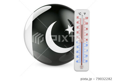 Thermometer with Pakistani flag. Heat in Pakistan concept. 3D rendering 79032282