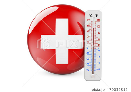 Thermometer with Swiss flag. Heat in Switzerland concept. 3D rendering Thermometer with Swiss flag. Heat in Switzerland concept. 3D rendering 79032312