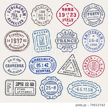 Retro stamps with scabies, cities stamp set on an envelope for vintage passport cover, traveller tshirt print or grunge style luggage. Vector illustration. 79032582