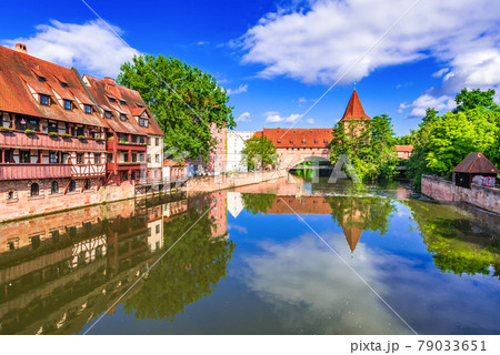Nuremberg, Germany - Picturesque Pegnitz River and Schlayerturm, Bavaria. 79033651