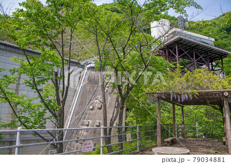 川治ダム　ダム展望台からの景色　管理棟方向　日光市　　　　　 79034881