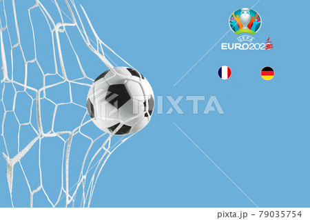 Football ball in the net of goal of football stadium.Euro 2021 Championship flags of France and Germany with space for text. Blue background. 79035754