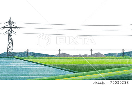 鉄塔のある田園風景水彩風手書きイラストのイラスト素材