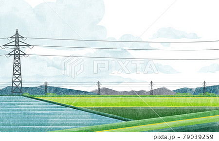 鉄塔のある田園風景水彩風手書きイラストのイラスト素材