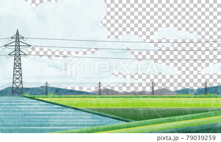 鉄塔のある田園風景水彩風手書きイラスト 79039259