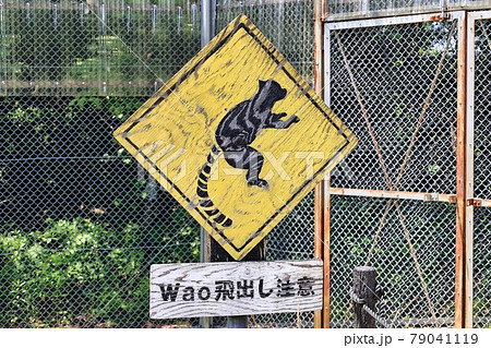 金網の前にあるワオキツネザルの注意看板 79041119