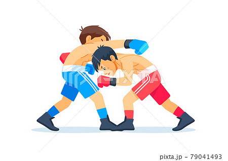 Boxing among young teen. Kids boxing, kickboxing children. Children fight with these adult emotions. Popularization of sports and healthy lifestyle. Vector illustration of boxing isolated on white. 79041493