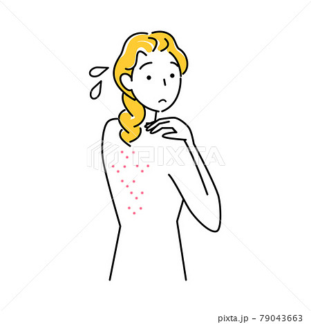 スキンケア 背中にポツポツ ニキビ が出来て悲しんでいる可愛い女性 イラスト シンプル ベクターのイラスト素材