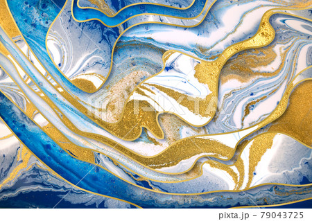 Marble blue ink and gold dust abstract background with gold gradient borders 79043725