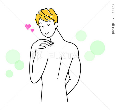 スキンケア 背中のポツポツ ニキビ が治り喜んでいる可愛い男性 イラスト シンプル ベクターのイラスト素材