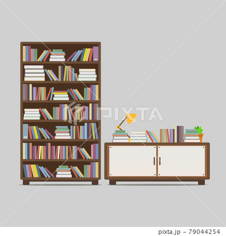 Vector illustration of bookcase, and book drawer full of books, table lamp isolated on a gray background 79044254