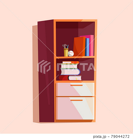 Vector illustration of cartoon school bookshelf with stationary, baseball, and books. Isolated on a light background 79044272
