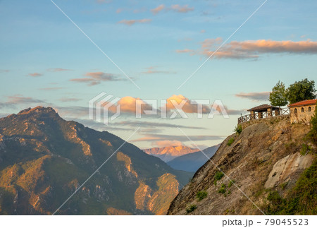 Hilltop Gazebo in the Evening in Greek Meteora Hilltop Gazebo in the Evening in Greek Meteora 79045523