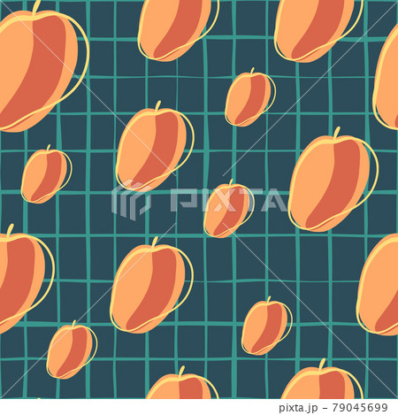Organic seamless pattern with random orange peach elements. Blue chequered background. Simple style. 79045699