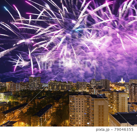 Aerial view of Moscow (night) and festive fireworks during Victory Day (WWII), Russia Aerial view of Moscow (night) and festive fireworks during Victory Day (WWII), Russia 79046355