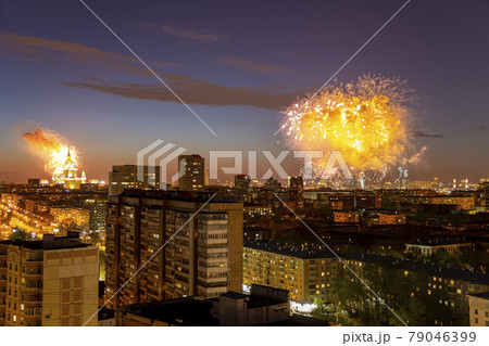 Aerial view of Moscow (night) and festive fireworks during Victory Day (WWII), Russia 79046399