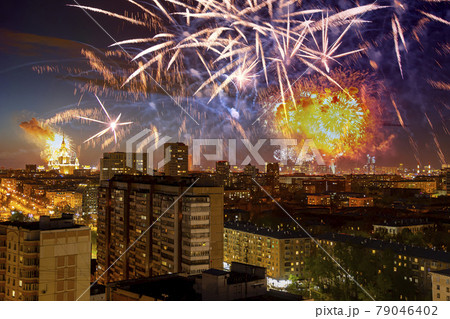 Aerial view of Moscow (night) and festive fireworks during Victory Day (WWII), Russia 79046402