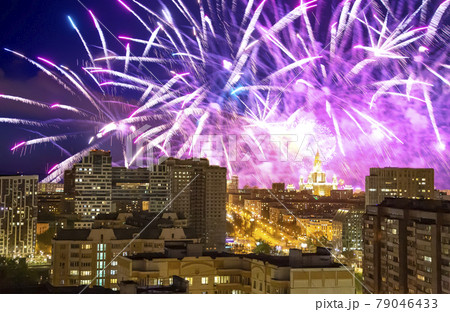 Aerial view of Moscow (night) and festive fireworks during Victory Day (WWII), Russia Aerial view of Moscow (night) and festive fireworks during Victory Day (WWII), Russia 79046433