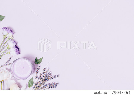 Aromatherapy and relaxation flat lay composition with scented candle 79047261