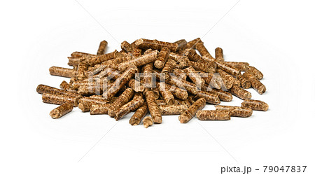Heap of hardwood pellets for food smoking on white Heap of hardwood pellets for food smoking on white 79047837