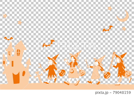 萬聖節裝扮成女巫的行進兒童的單色插圖 79048159