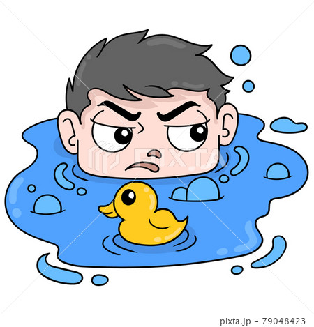 lazy faced boy soaking in the water with a toy duck, doodle icon image kawaii lazy faced boy soaking in the water with a toy duck, doodle icon image kawaii 79048423