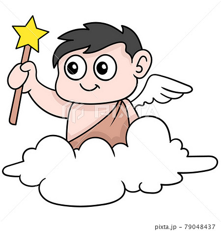 winged baby angel boy carrying a magic wand flying in the clouds, doodle icon image kawaii winged baby angel boy carrying a magic wand flying in the clouds, doodle icon image kawaii 79048437