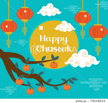 Happy Chuseok, Mid autumn festival card, poster template for your design. Persimmons Tree Branch, Korean Thanksgiving and Harvest Festival. Vector illustration 79048634
