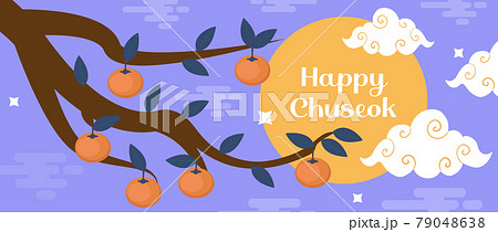 Happy Chuseok, Mid autumn festival card, poster template for your design. Persimmons Tree Branch, Korean Thanksgiving and Harvest Festival. Vector illustration 79048638