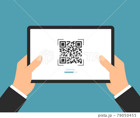 Flat design illustration of a manager's hand holding a digital tablet with a QR code scan. Suitable for internet banking or business, vector 79050455