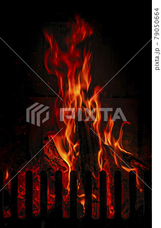 Red fire fireplace in beautiful style on dark background 79050664