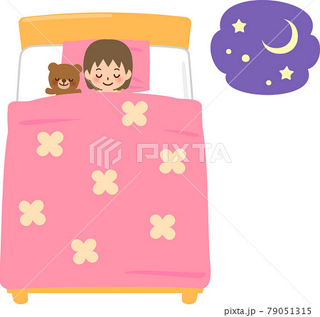 ベッドで眠る笑顔の女の子のイラスト素材