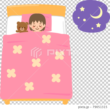 微笑的女孩睡在床上 79051315