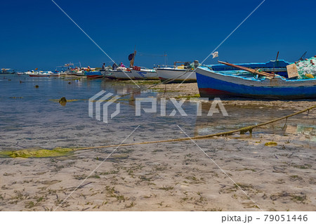 Beautiful view of the boat in the bay of the Mediterranean Sea at low tide on the island of Djerba, Tunisia Beautiful view of the boat in the bay of the Mediterranean Sea at low tide on the island of Djerba, Tunisia 79051446