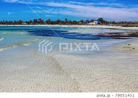 Wonderful view of the lagoon, seashore, white sand beach and blue sea. Djerba Island, Tunisia 79051451