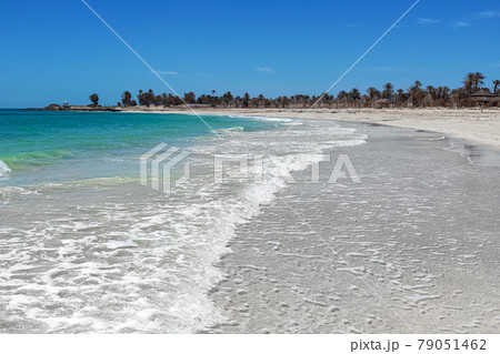 Wonderful view of the lagoon, seashore, white sand beach and blue sea. Djerba Island, Tunisia 79051462