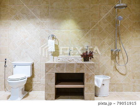 White urinal and washbasin and shower in granite bathroom, Modern house bathroom interior, luxury bathroom 79051915