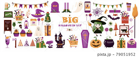 A big vector set for Halloween. Flat design. Cartoon template for invitations, advertisements, posters, banners, party, postcards. Bright cute pictures for All Saints Day on October 31 A big vector set for Halloween. Flat design. Cartoon template for invitations, advertisements, posters, banners, party, postcards. Bright cute pictures for All Saints Day on October 31 79051952