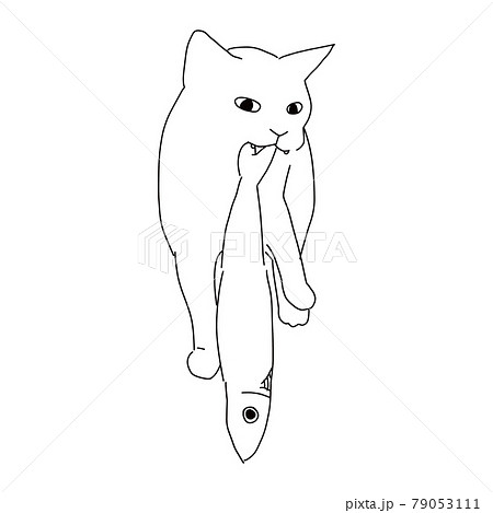 魚をくわえている猫の線画イラストのイラスト素材