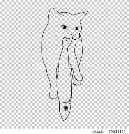Line drawing illustration of a cat holding a fish 79053111